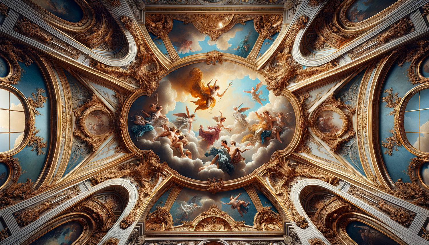 Fresque mythologique de plafond Belle Époque, style académique français, divinités Apollo Vénus Bacchus, dorures et stucs ornementaux
