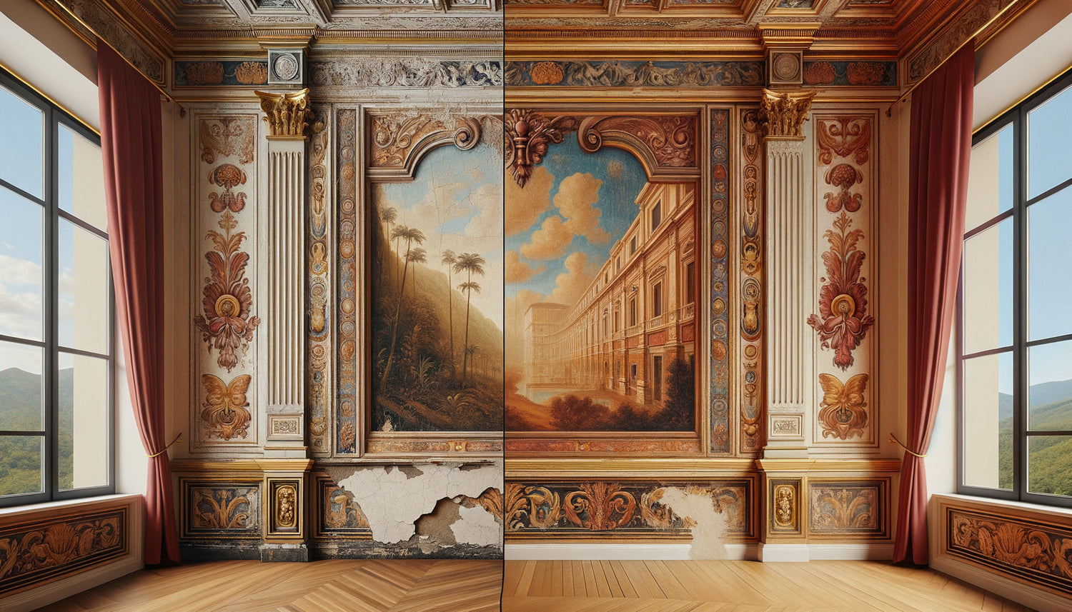 Comparaison détaillée entre fresque murale d'origine patinée et repeint restauré dans un hôtel historique classé