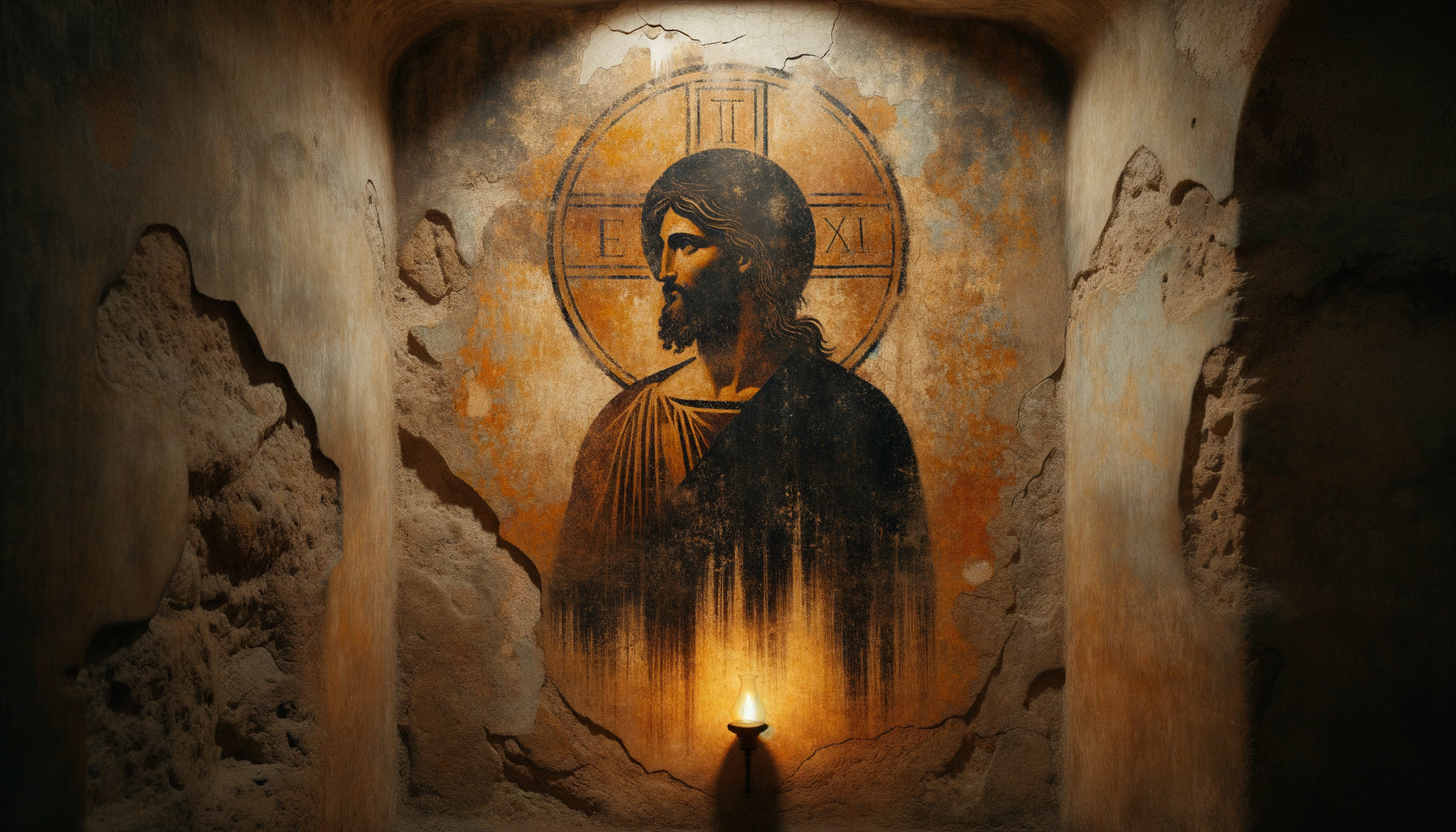 Fresque paléochrétienne des catacombes romaines montrant le Christ en silhouette sombre sur mur ocre, IIe-IIIe siècle