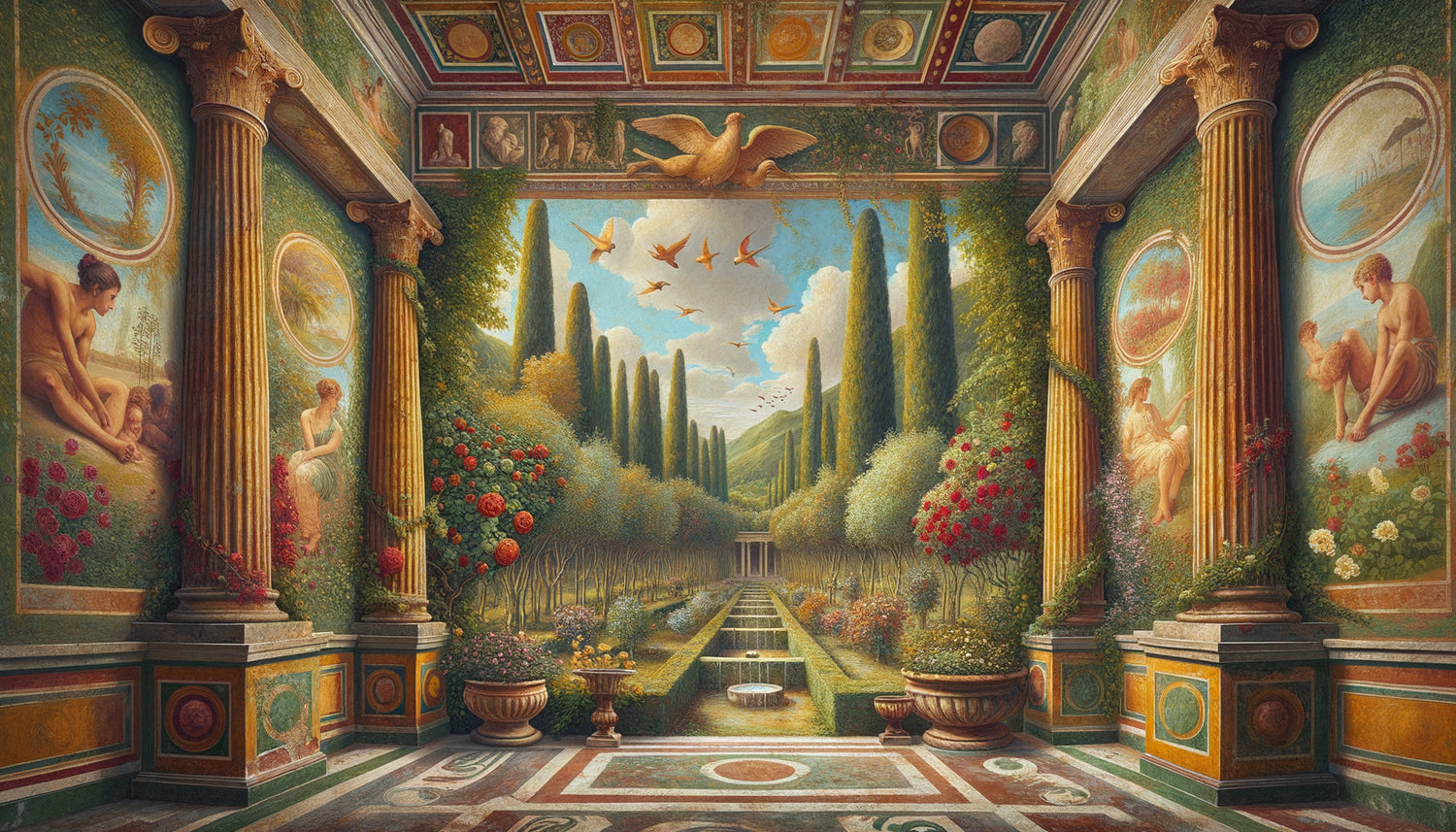Fresque romaine de Pompéi du Ier siècle représentant un jardin luxuriant avec perspective en trompe-l'œil et végétation naturaliste