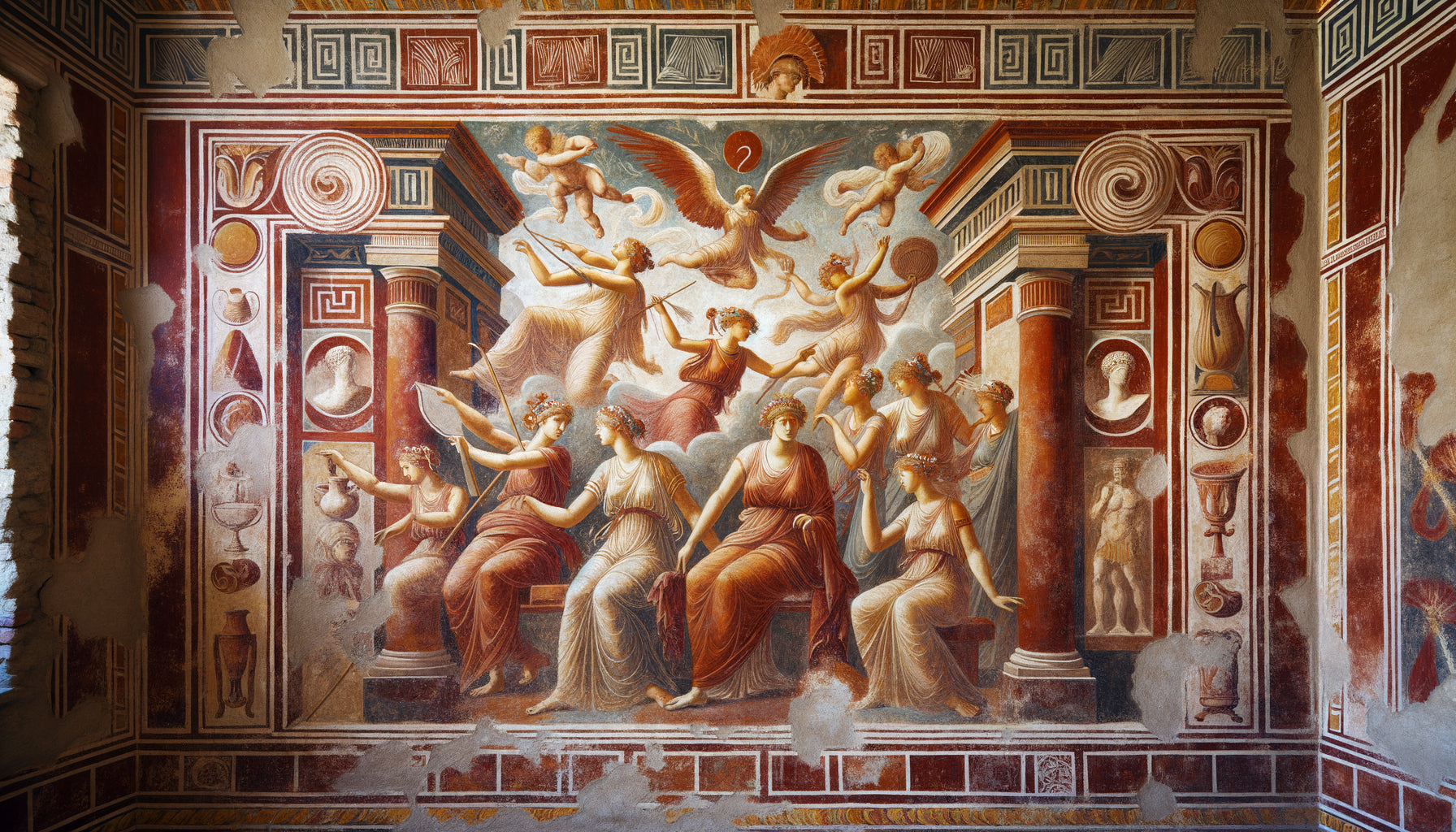 Fresque murale antique de Pompéi du 1er siècle représentant un rituel mythologique secret au style pictural romain authentique