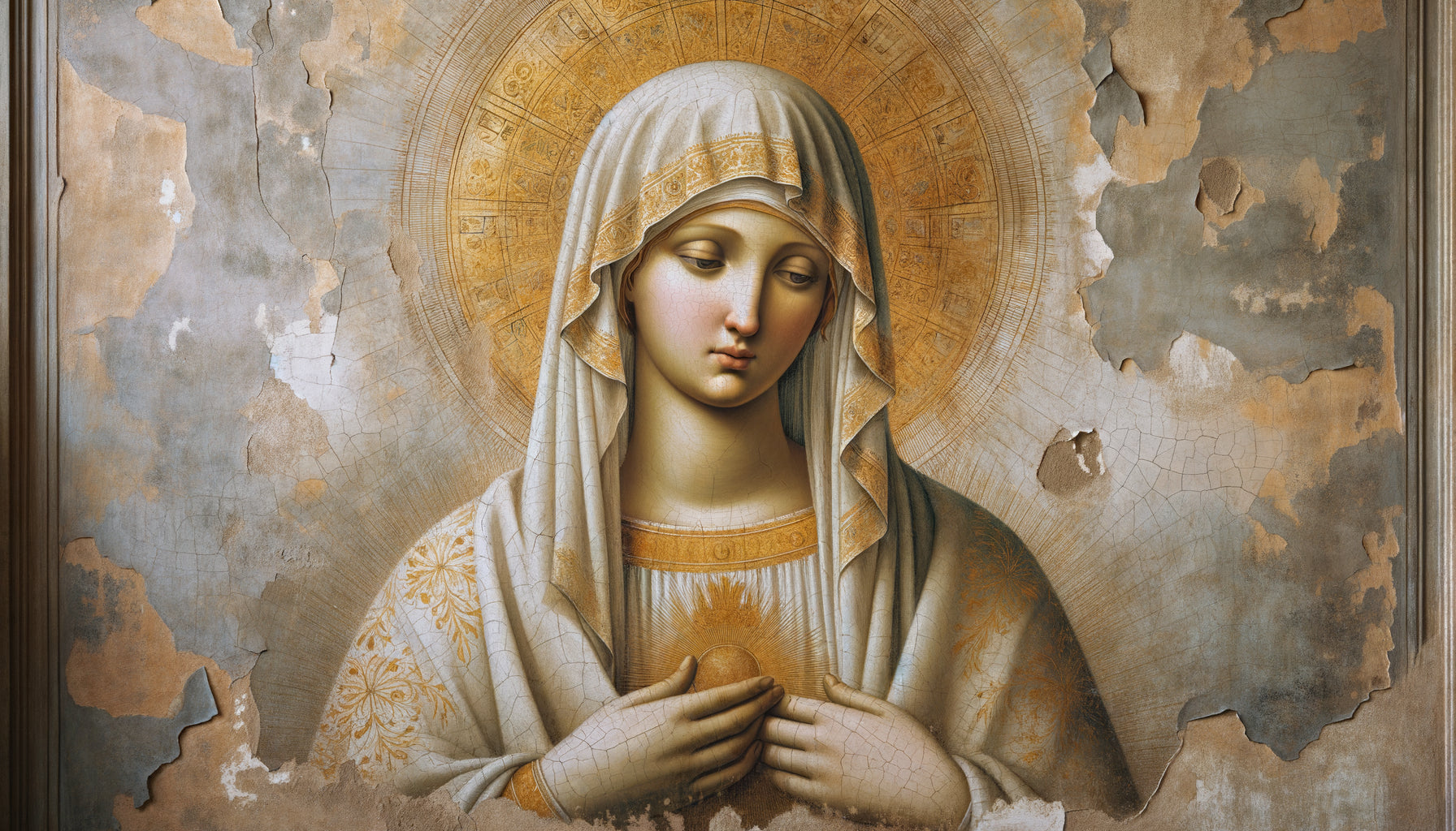 Détail de fresque Renaissance montrant le jaunissement des pigments blancs sur le voile d'une Vierge