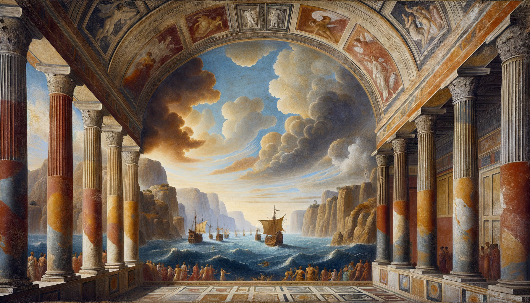 Fresque romaine antique représentant l'Odyssée avec technique de perspective atmosphérique et dégradés de couleurs créant l'illusion de profondeur