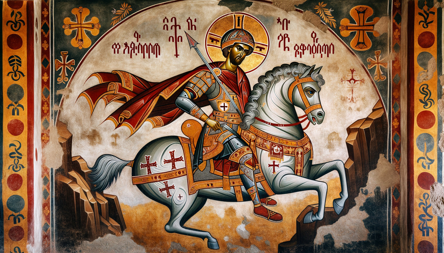 Fresque éthiopienne orthodoxe de saint cavalier, style byzantino-éthiopien médiéval, église rupestre de Qusqam