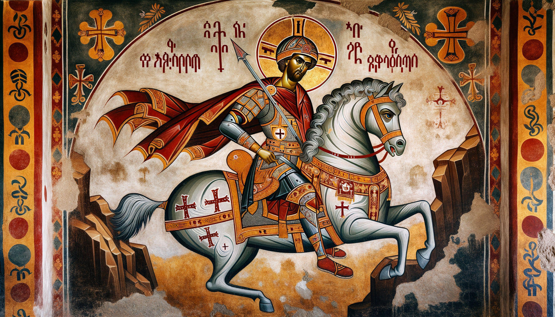 Fresque éthiopienne orthodoxe de saint cavalier, style byzantino-éthiopien médiéval, église rupestre de Qusqam
