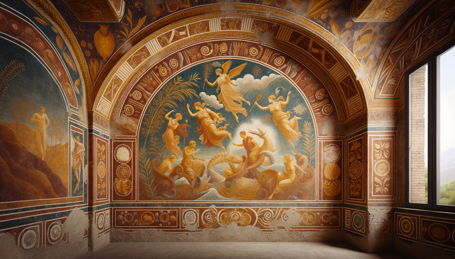 Fresque romaine sophistiquée des thermes privés de Pompéi, 1er siècle après J.-C., scène mythologique aux pigments ocre et bleu
