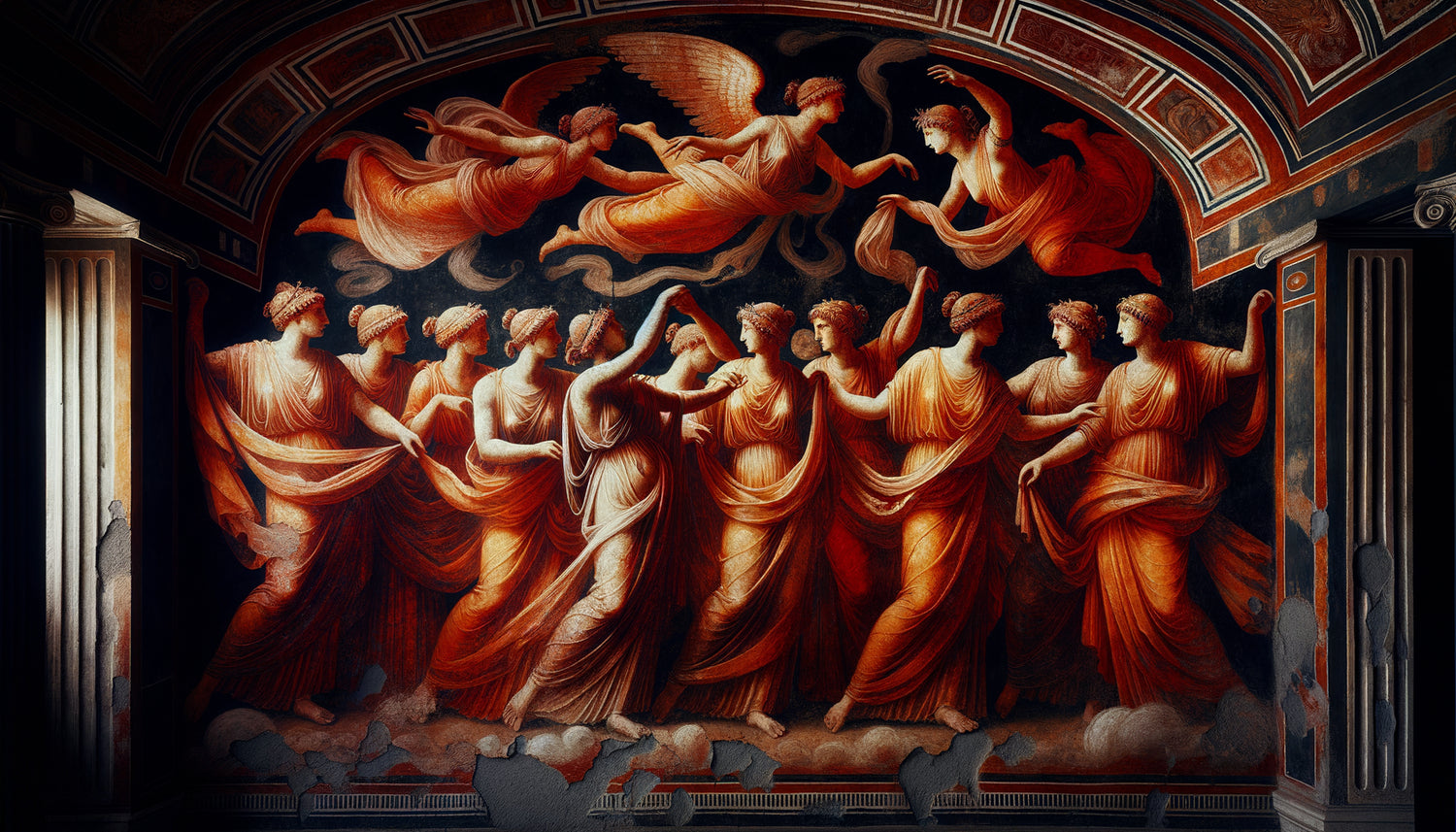 Fresque romaine antique de la Villa des Mystères à Pompéi avec figures rouges dramatiques sur fond noir intense