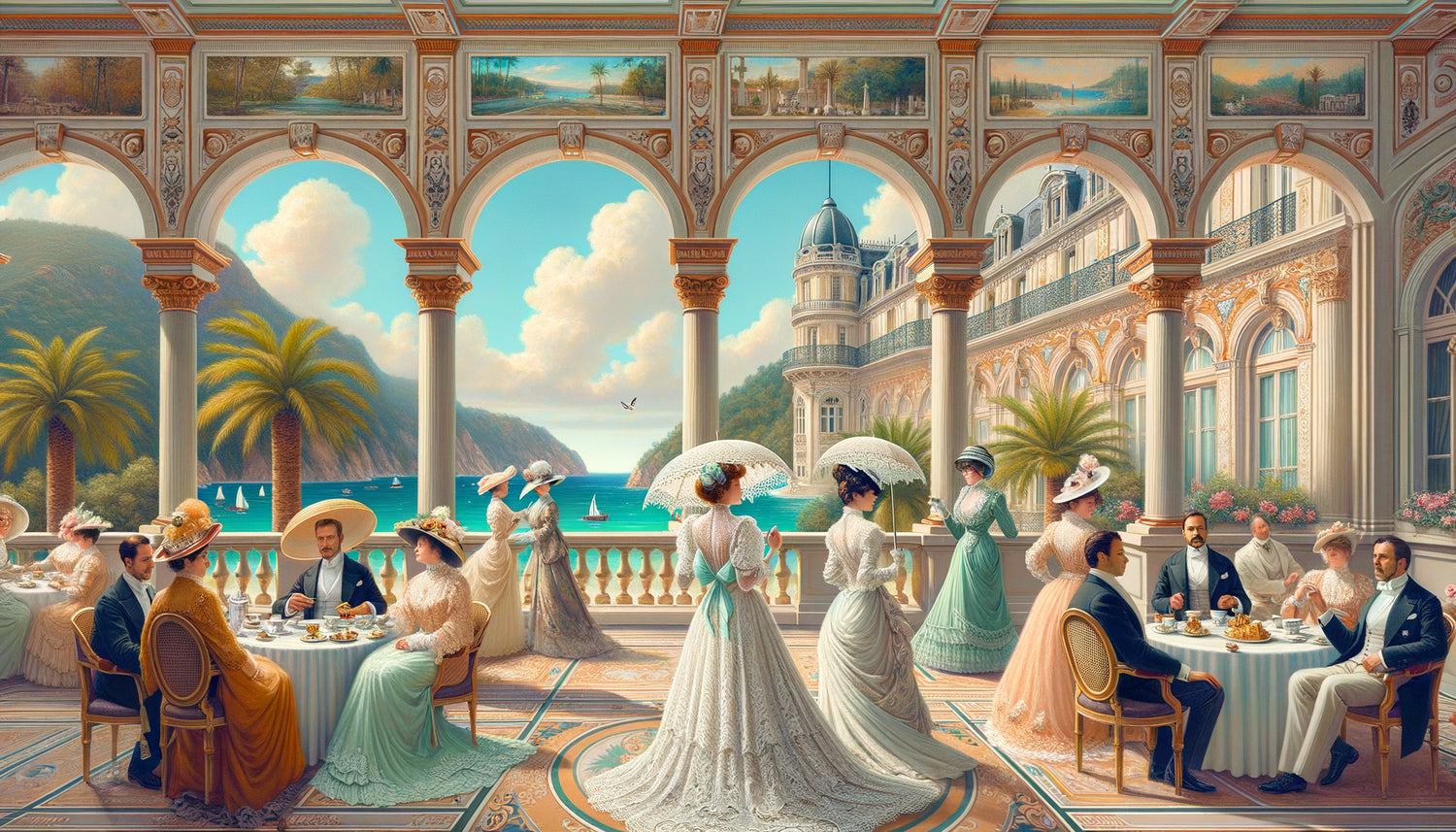 Fresque murale Belle Époque dans palace montrant scène de villégiature aristocratique avec dames élégantes et jardins méditerranéens