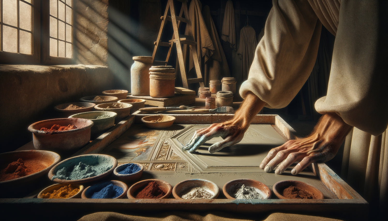 Artiste Renaissance appliquant pigments sur enduit frais lors de création fresque vraie, technique buon fresco authentique