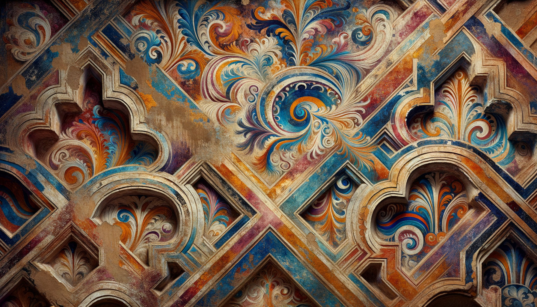 Fresque abstraite coloniale espagnole du 17e siècle avec pigments bleu lapis-lazuli et rouge cinabre importés