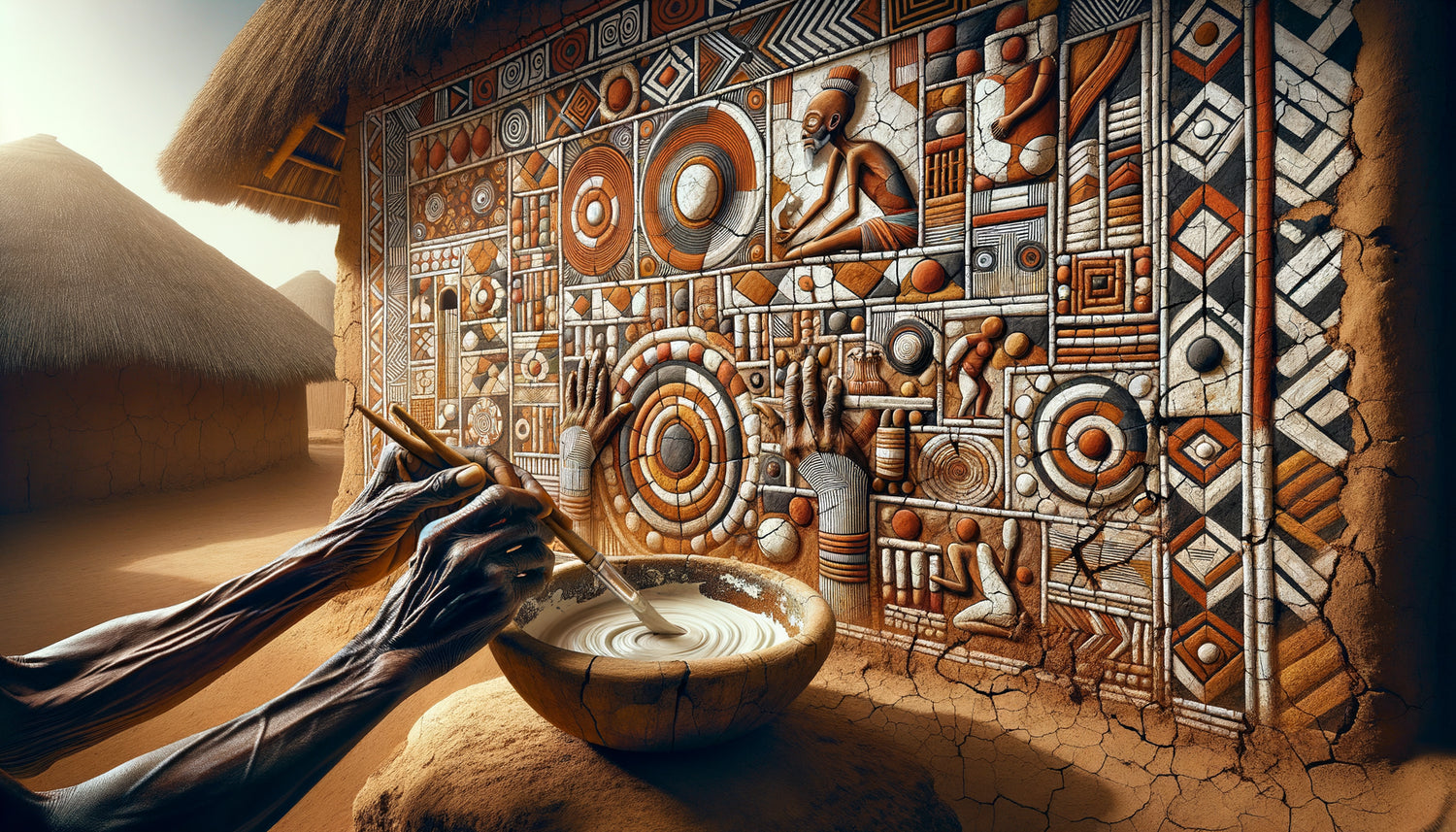 Fresque murale africaine ancestrale aux pigments naturels sur mur d'argile, motifs géométriques traditionnels en ocre et blanc