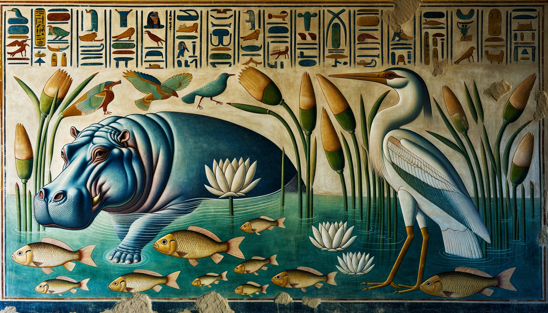 Fresque funéraire thébaine du Nouvel Empire représentant hippopotame, héron et tilapia du Nil avec pigments minéraux traditionnels