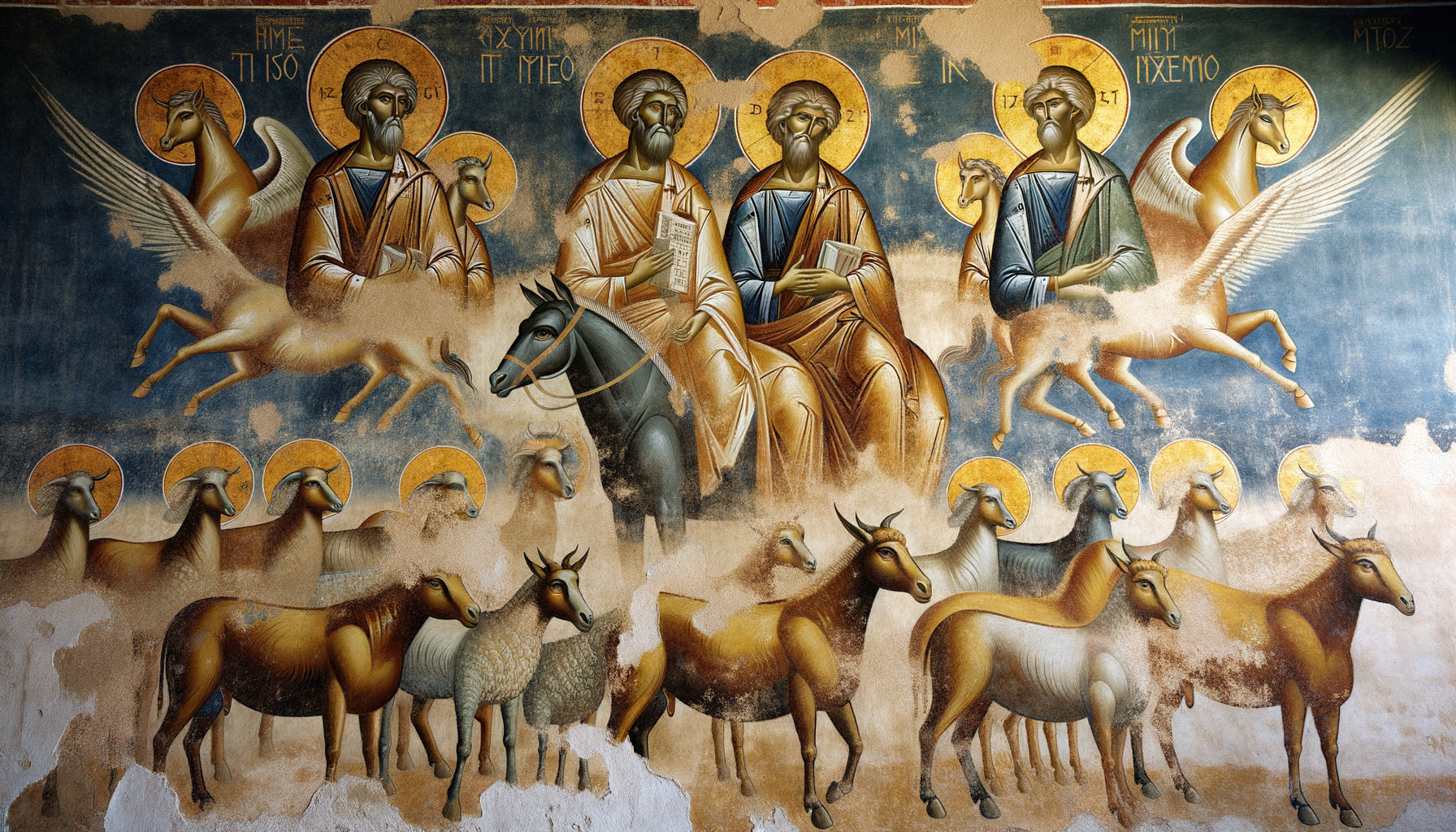 Fresque médiévale de Castelseprio montrant animaux en style byzantin-carolingien, pigments ocre et bleu sur plâtre ancien