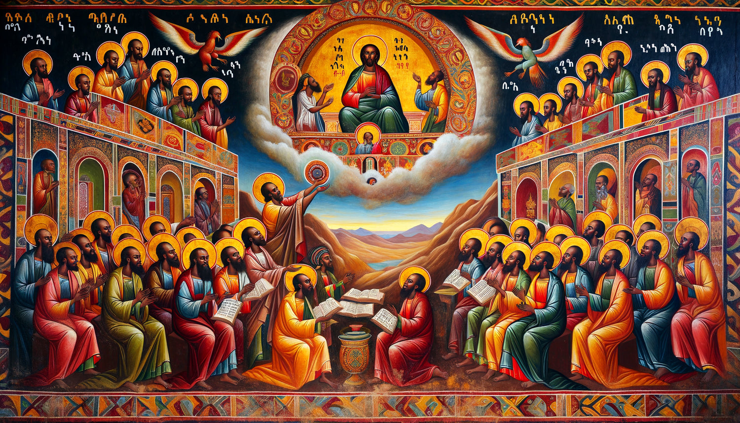 Fresque murale orthodoxe éthiopienne traditionnelle de Bahir Dar aux couleurs vibrantes, style iconographique 18e siècle, récits bibliques locaux