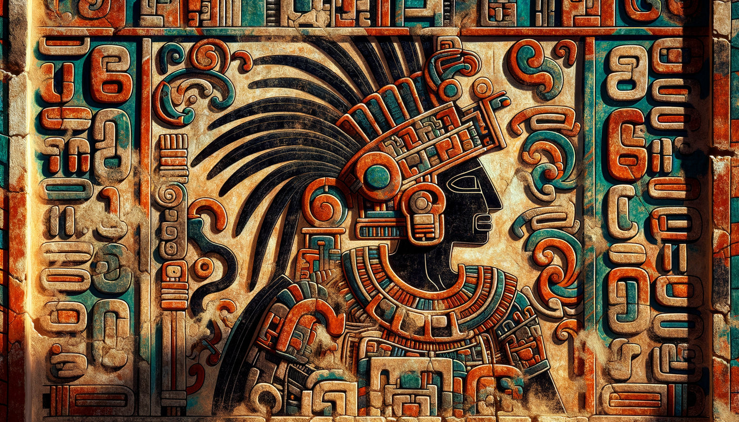 Fresque maya d'Ek' Balam avec hiéroglyphes noirs contrastant sur fond coloré, période classique 700-900 apr. J.-C.