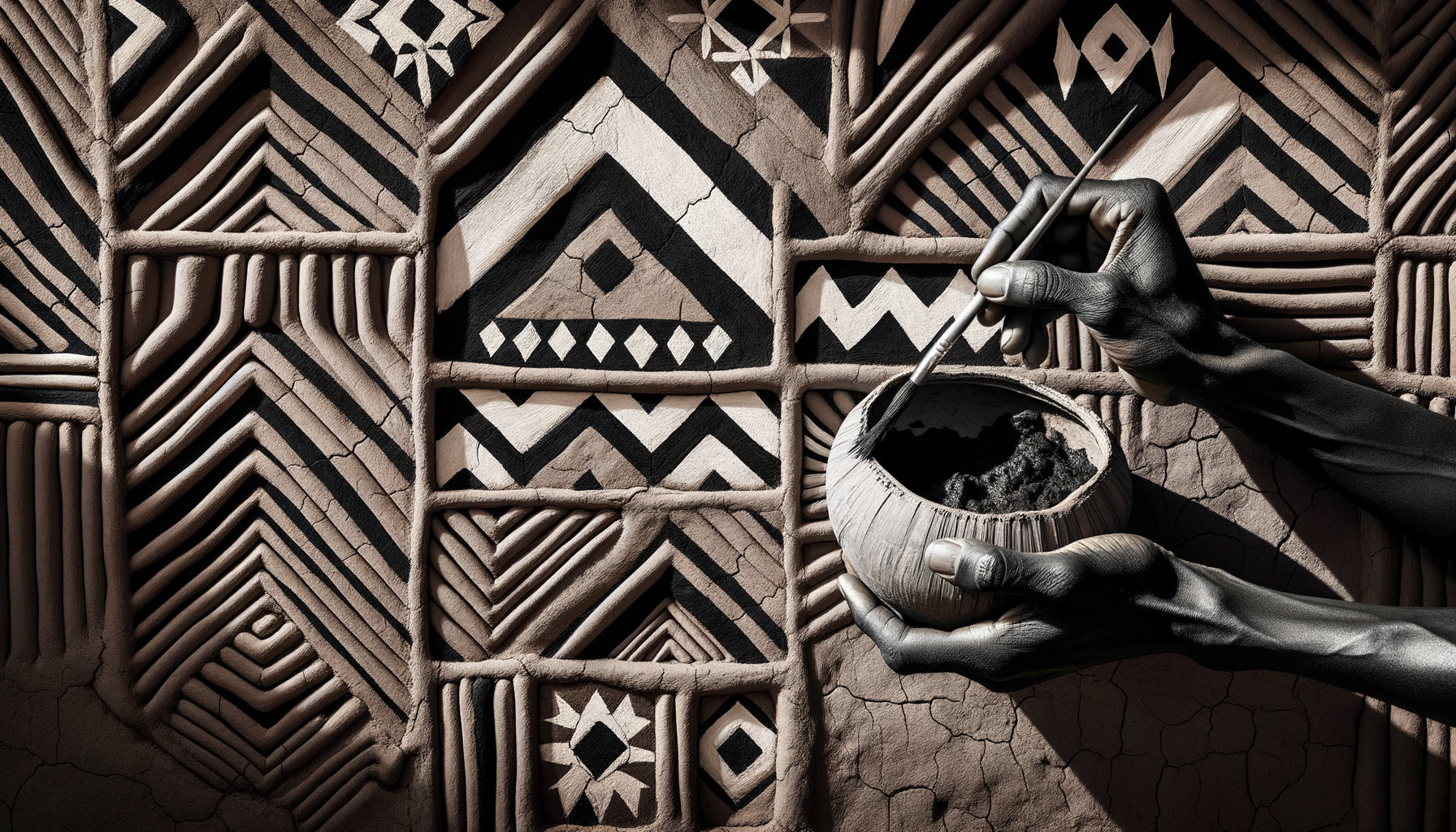 Femme Gurunsi peignant des motifs géométriques traditionnels sur mur de terre, Burkina Faso, artisanat rituel africain