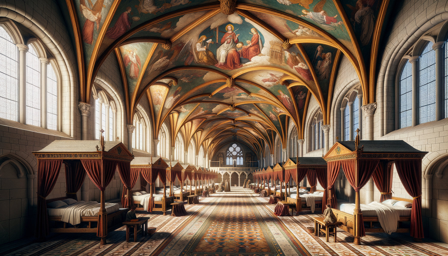 Salle des Pôvres de l'Hôtel-Dieu de Beaune au XVe siècle avec fresques médiévales thérapeutiques et lits à baldaquins