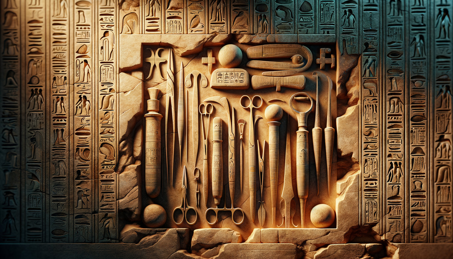 Bas-relief égyptien du temple de Kom Ombo représentant des instruments chirurgicaux antiques gravés dans la pierre, époque ptolémaïque