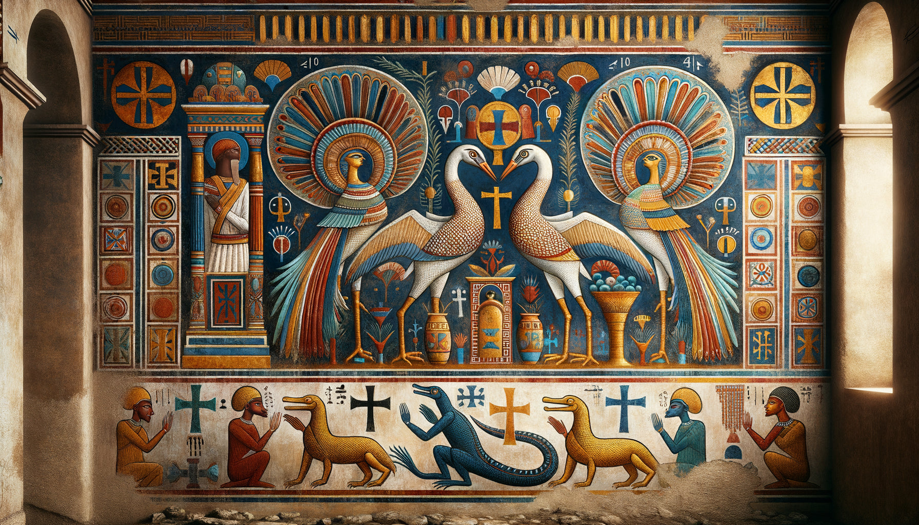 Fresque murale nubienne chrétienne médiévale fusionnant paons byzantins et crocodiles du Nil, style VIe-XIVe siècle