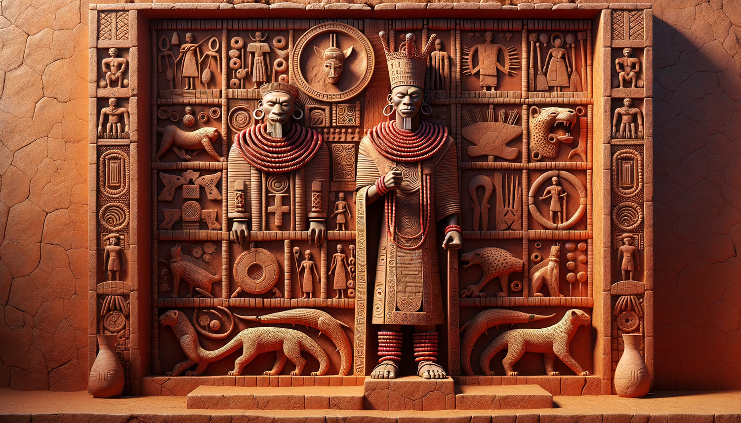 Fresque murale en bas-relief d'argile du palais royal du Bénin précolonial avec motifs symboliques et représentations ancestrales