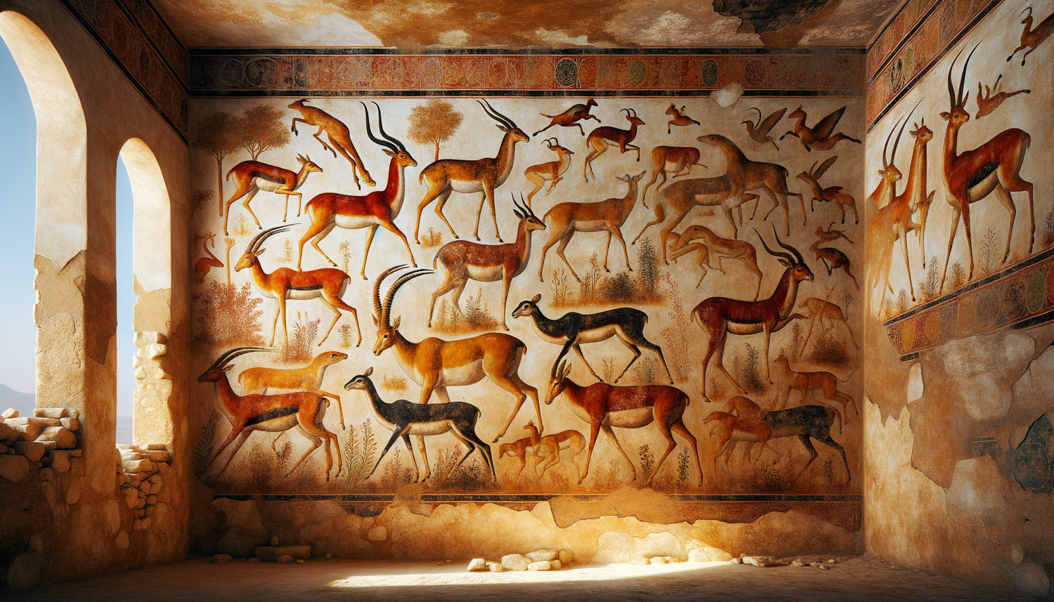 Fresque omeyyade du 8ème siècle de Qusayr Amra montrant un bestiaire au style hellénistique sur plâtre ancien