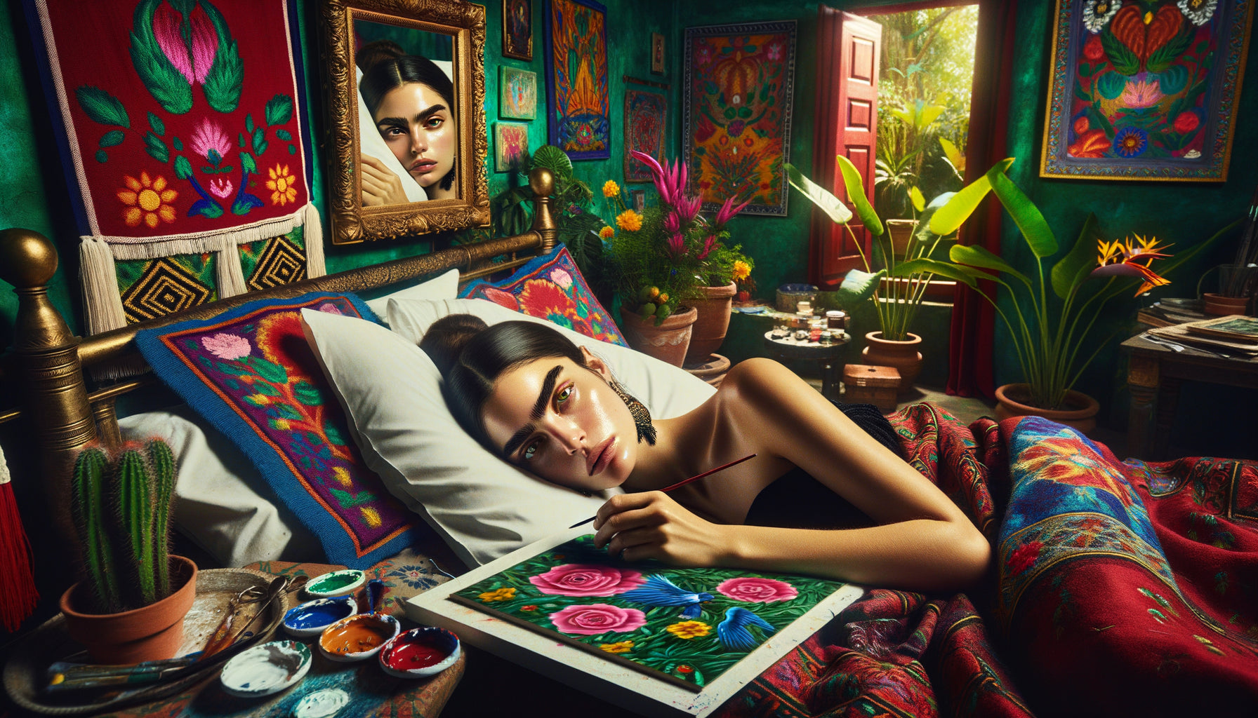 Autoportrait dans le style de Frida Kahlo montrant l'artiste peignant son reflet dans un miroir au-dessus de son lit