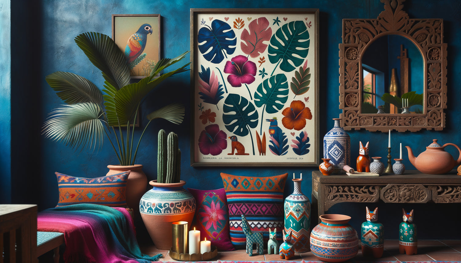 Décoration murale inspirée de l'univers de Frida Kahlo avec couleurs mexicaines vibrantes, motifs botaniques tropicaux et céramiques folkloriques authentiques