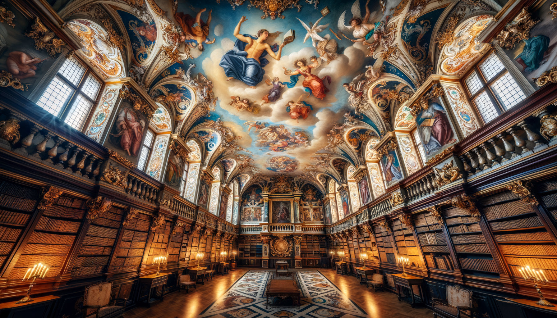 Voûte de bibliothèque Renaissance avec frise narrative peinte représentant allégories du savoir et figures classiques