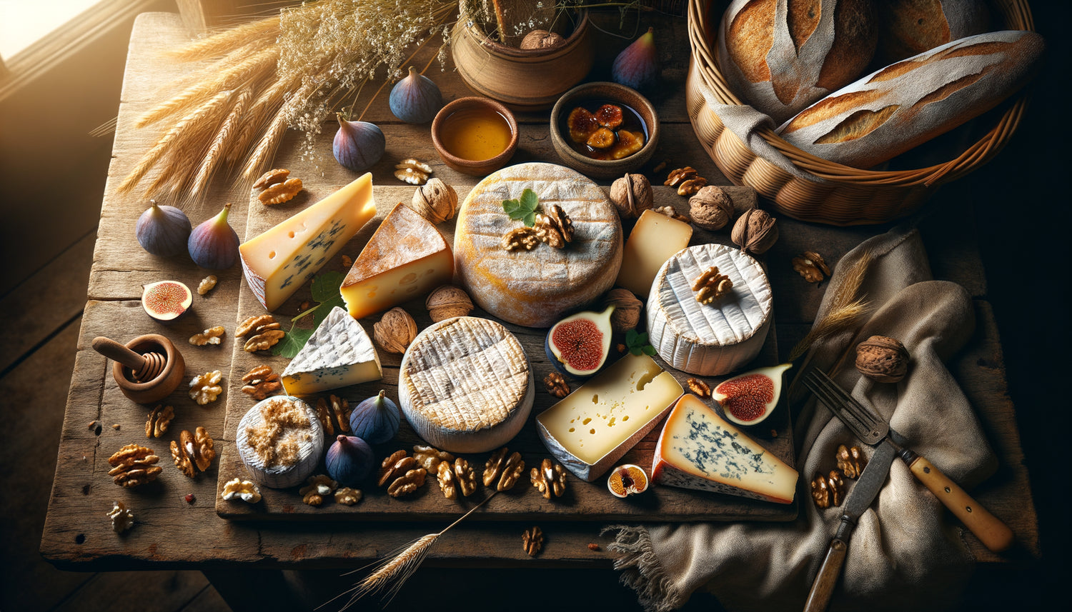 Plateau de fromages artisanaux français traditionnels sur planche rustique évoquant le terroir et savoir-faire ancestraux
