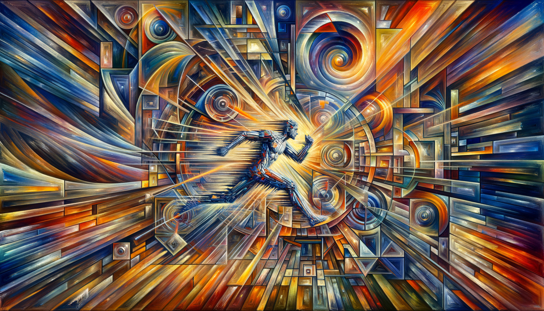 Peinture futuriste italienne avec lignes-forces dynamiques, fragmentation géométrique et compénétration des plans représentant la simultanéité cosmique