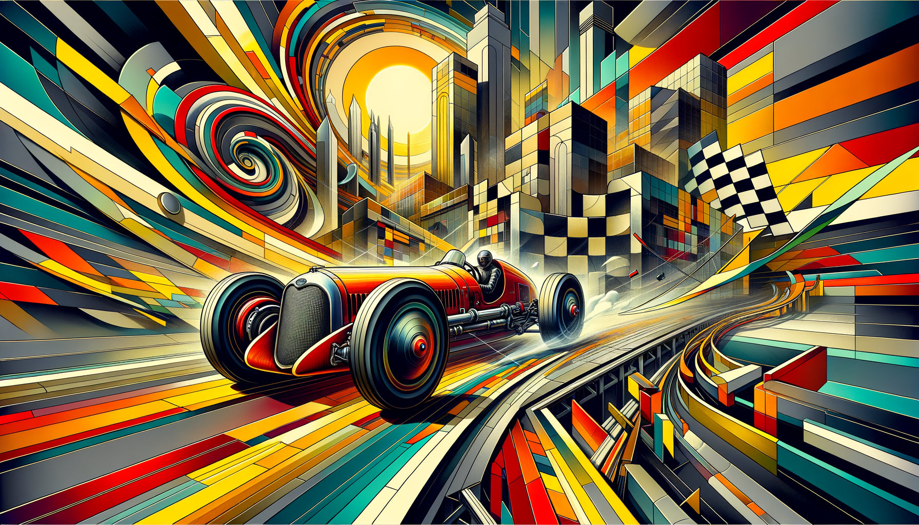 Peinture futuriste italienne années 1910 représentant une automobile en mouvement avec lignes dynamiques et composition fragmentée