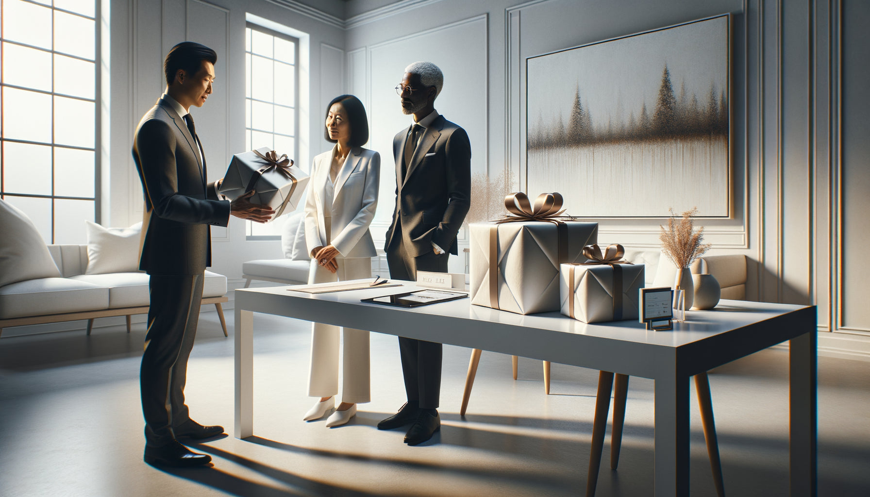 Conseiller en galerie d'art moderne présentant un tableau emballé avec raffinement à des clients dans un espace contemporain élégant