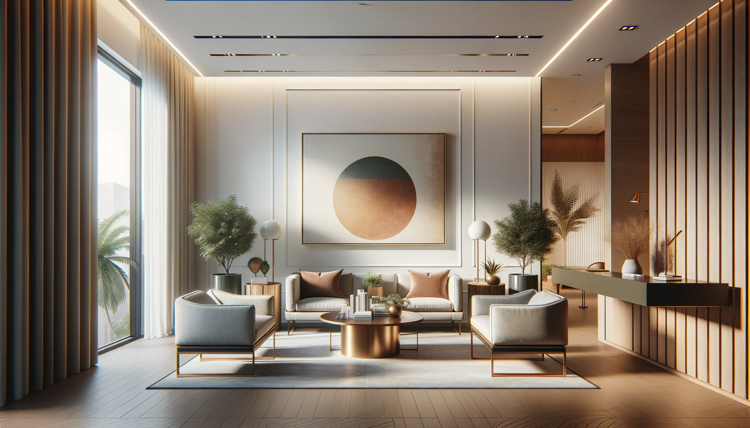 Salle d'attente professionnelle moderne avec œuvre d'art contemporaine exposée sur mur blanc, espace culturel accueillant