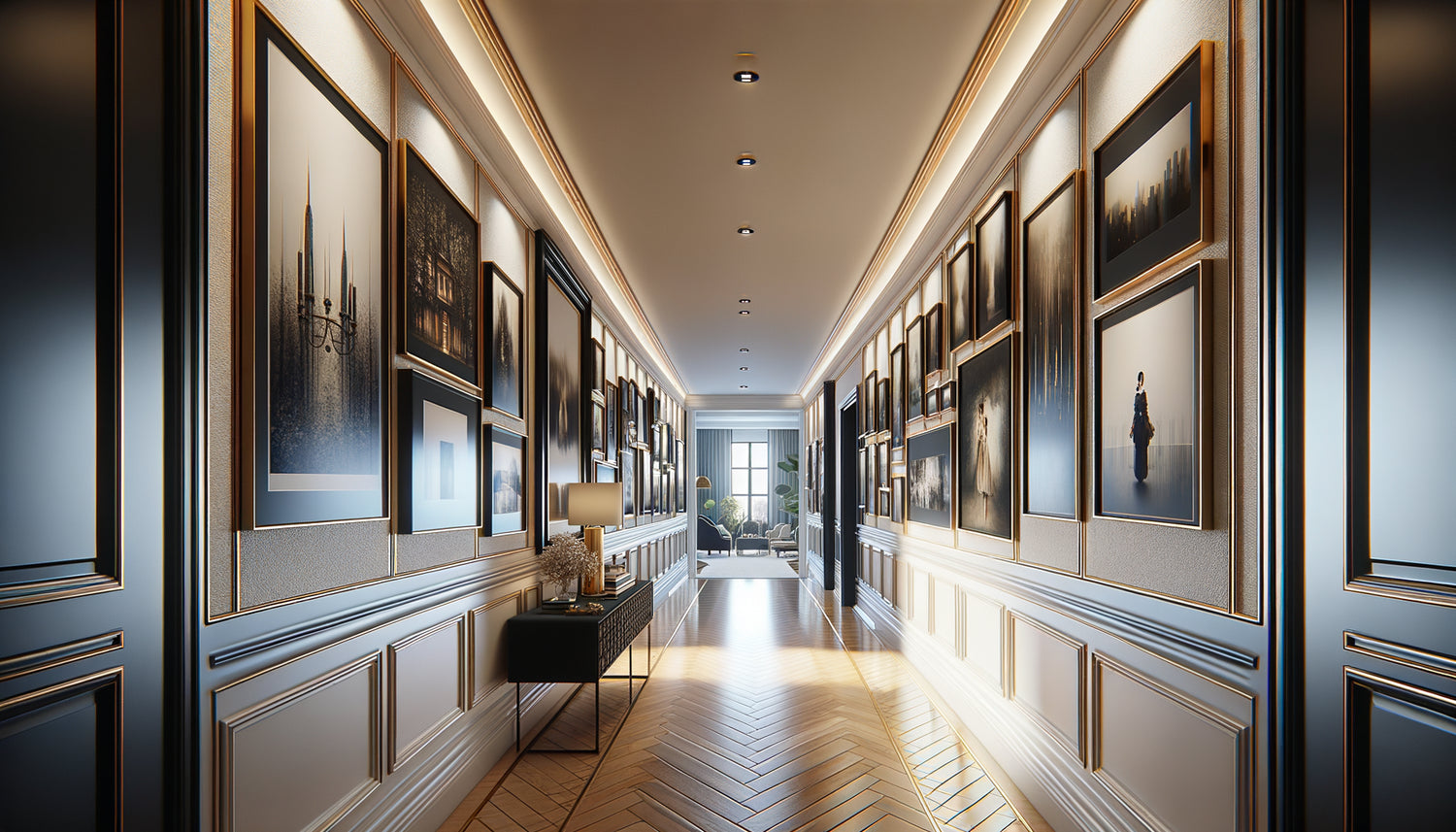 Couloir contemporain élégant transformé en galerie murale avec cadres multiples créant un parcours visuel captivant