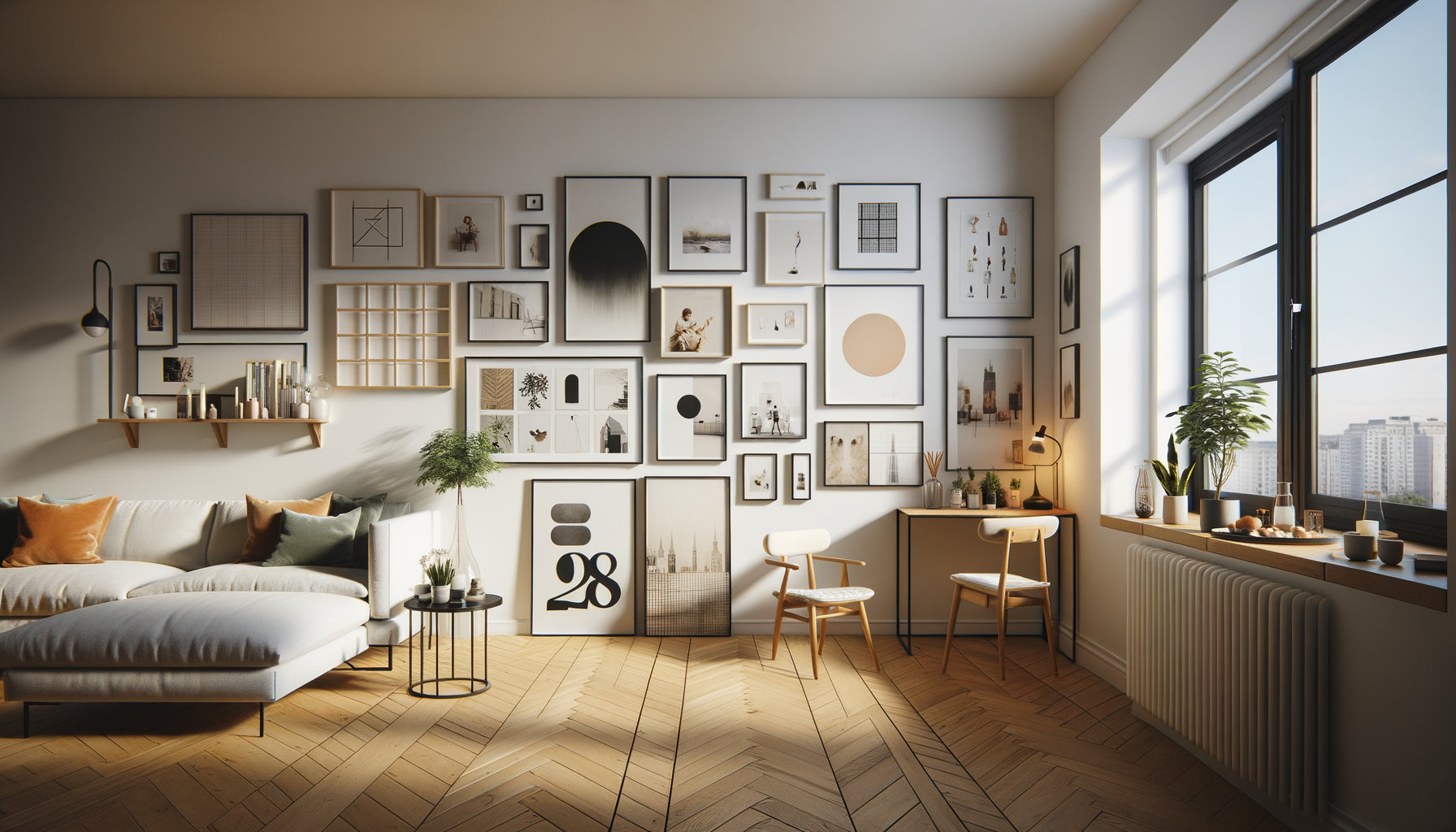 Mur galerie avec plusieurs petits tableaux harmonieusement disposés dans un studio contemporain minimaliste