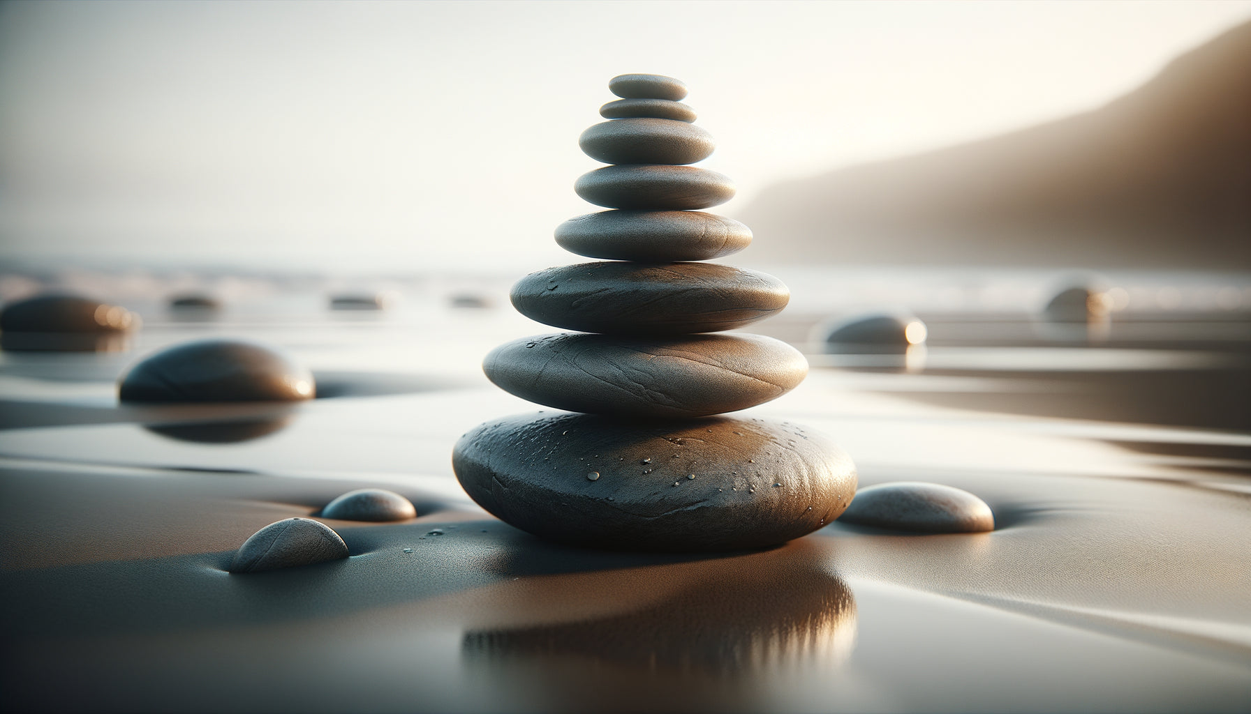 Cairn de galets empilés en équilibre parfait sur sable humide, composition zen minimaliste contemporaine