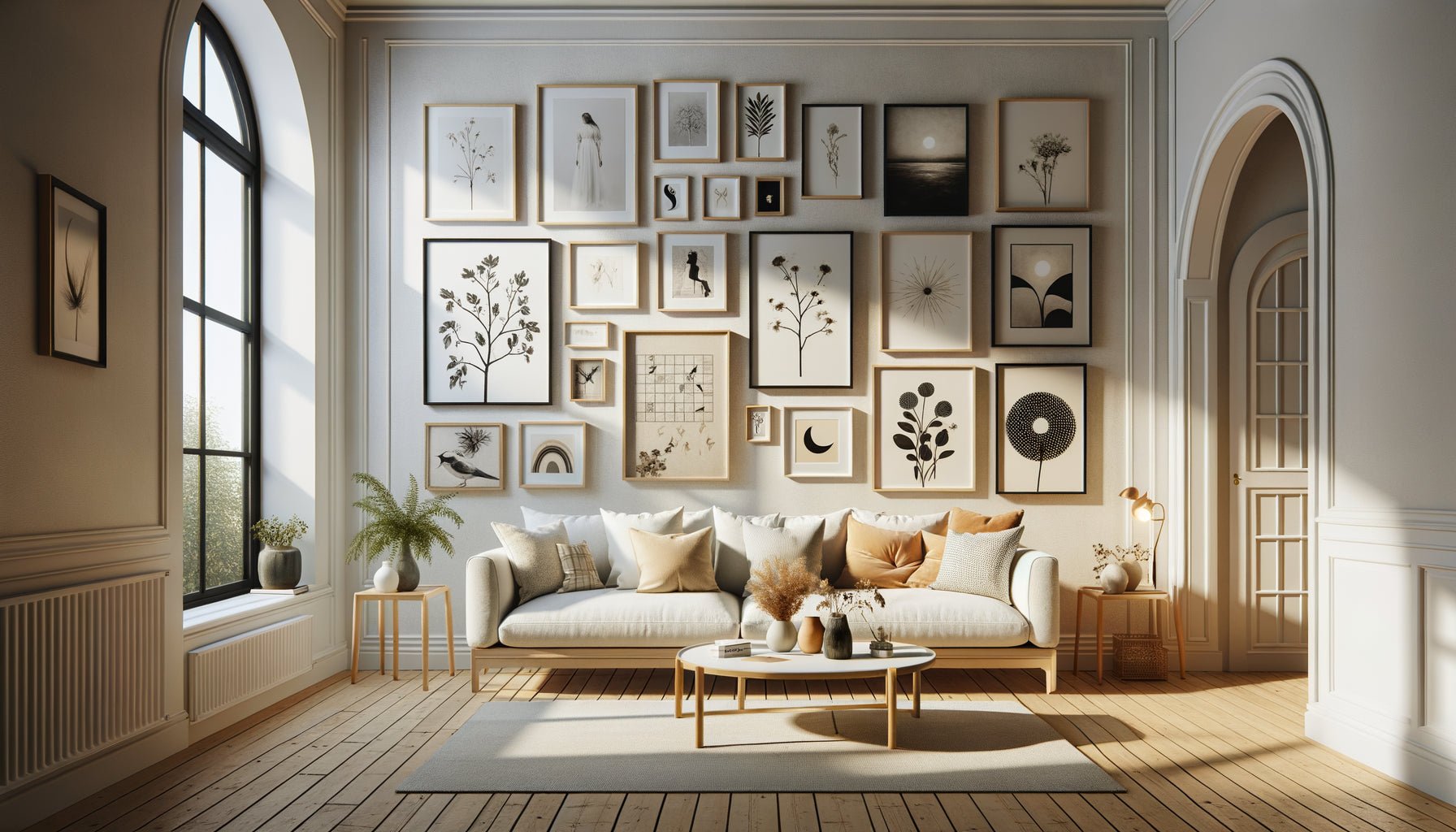 Mur de cadres décoratif contemporain avec arrangement harmonieux de tableaux variés dans un salon moderne scandinave