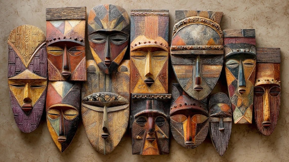 Géométrie des masques Chokwe en composition murale africaine