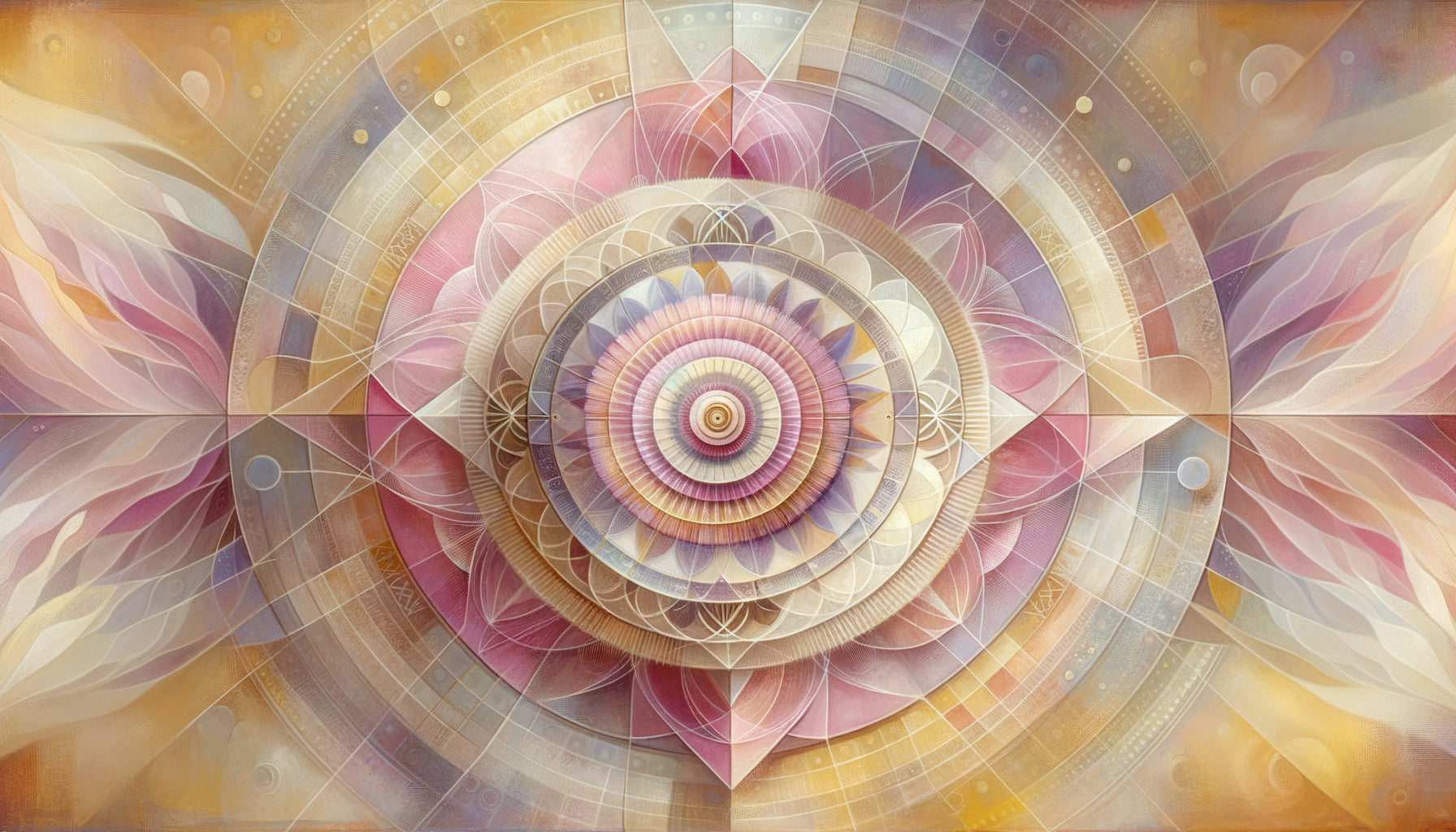 Peinture abstraite spirituelle style Hilma af Klint avec géométrie sacrée, cercles concentriques et triangles en couleurs pastel éthérées
