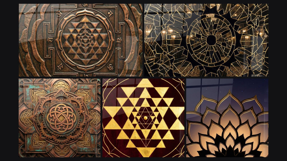 Mozaïek van vijf schilderijen, waaronder Sri Yantra Koperen Tafel