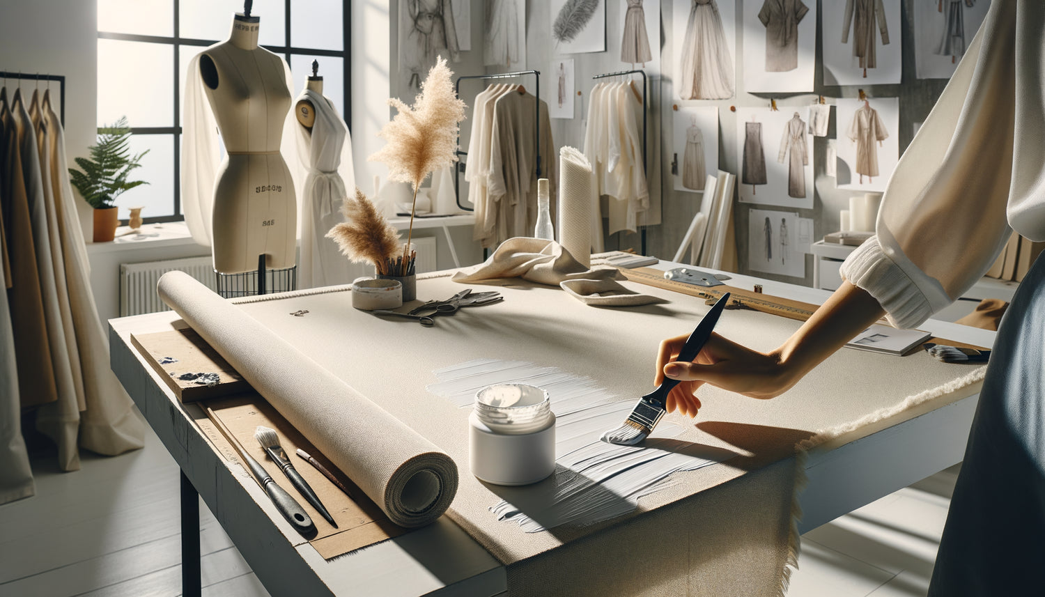 Application de gesso acrylique sur tissu dans un atelier de création mode contemporaine