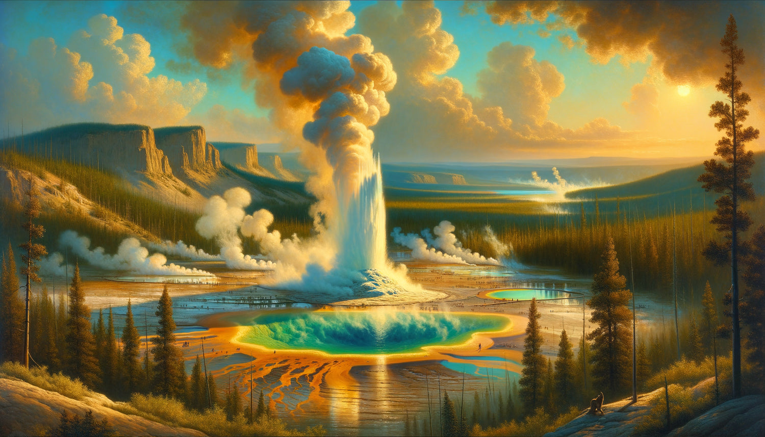 Peinture style Thomas Moran années 1870, geyser Old Faithful en éruption à Yellowstone, sublime romantique américain