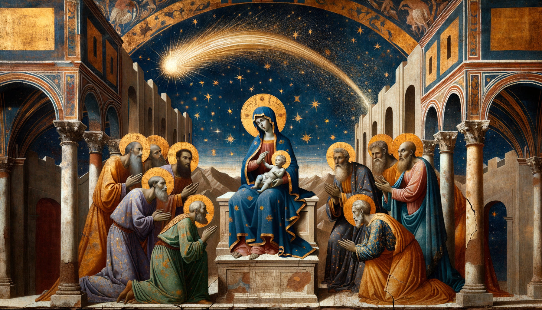 Fresque de Giotto style Trecento montrant l'Adoration des Mages avec une comète réaliste remplaçant l'étoile de Bethléem