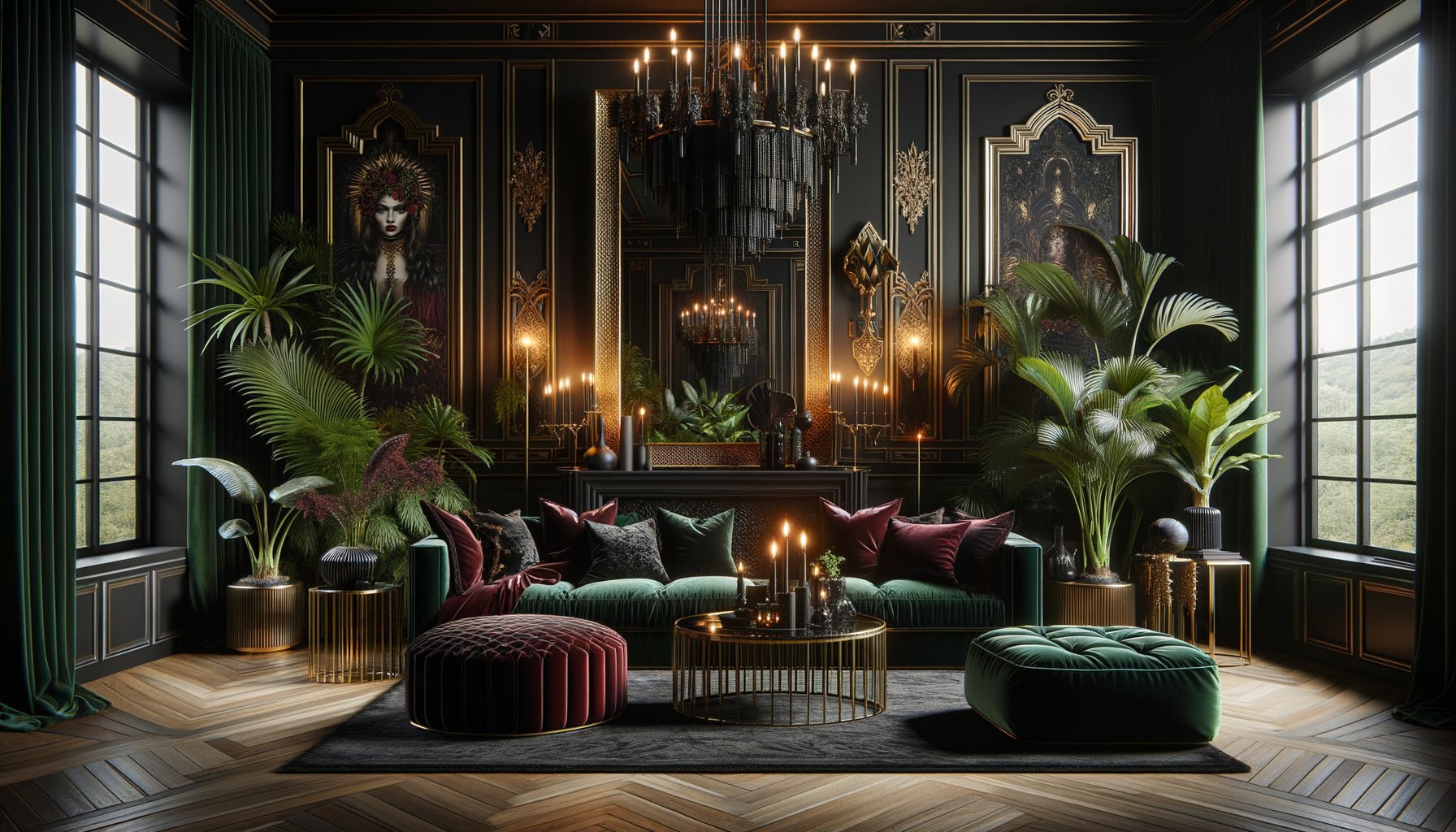 Intérieur moderne dark maximalism avec murs noirs ornés de cadres dorés, mobilier contemporain aux influences baroques, textiles velours en tons bordeaux et émeraude, ambiance sophistiquée et théâtrale illustrant la tendance Gothic Grandeur d'octobre 2025