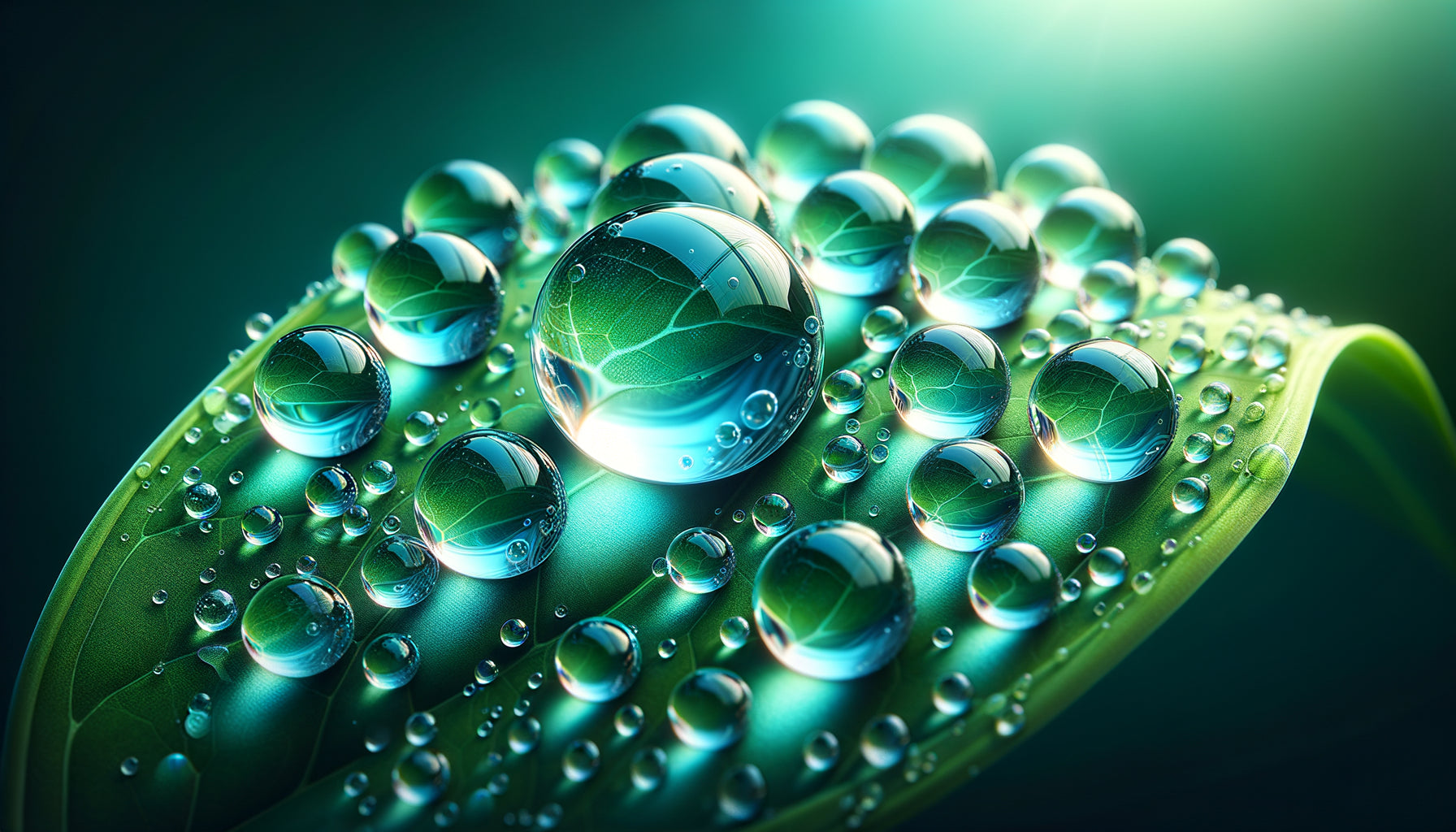 Photographie macro de gouttes d'eau cristallines sur feuille verte créant une sensation de fraîcheur pour décoration Airbnb