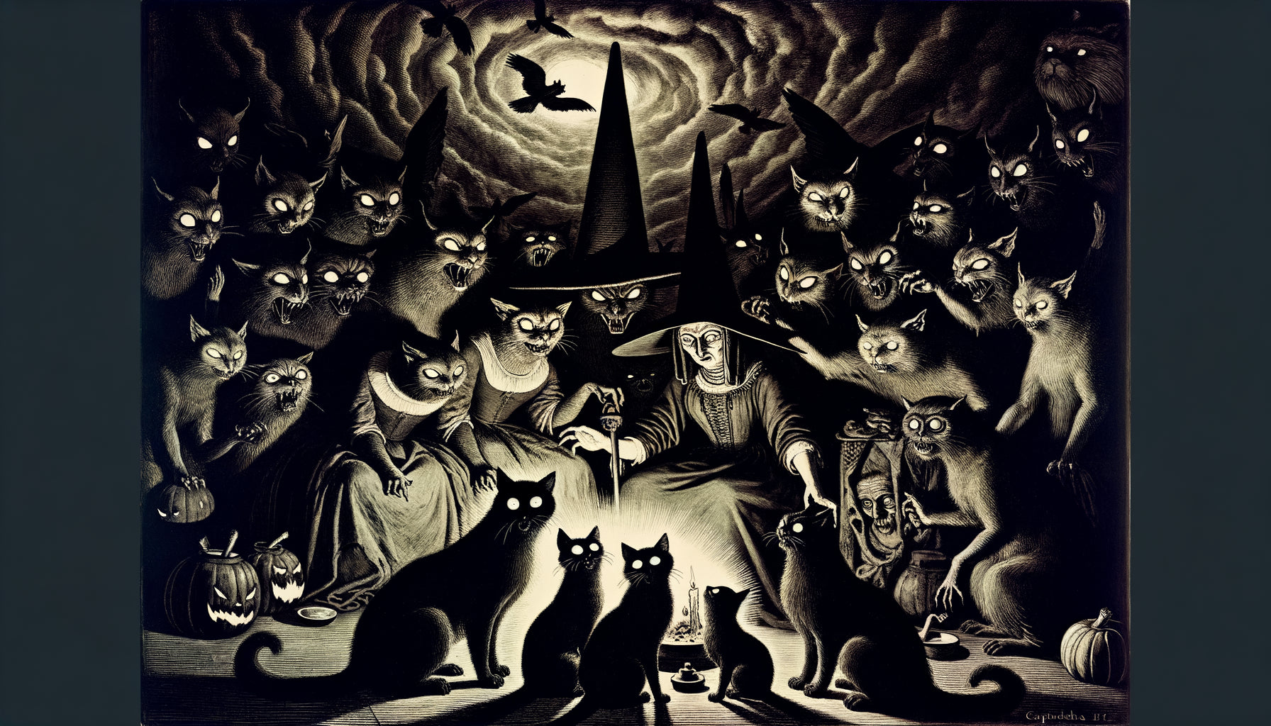 Gravure dans le style de Goya montrant des chats maléfiques et sorcières, esthétique ténébreuse du XVIIIe siècle espagnol