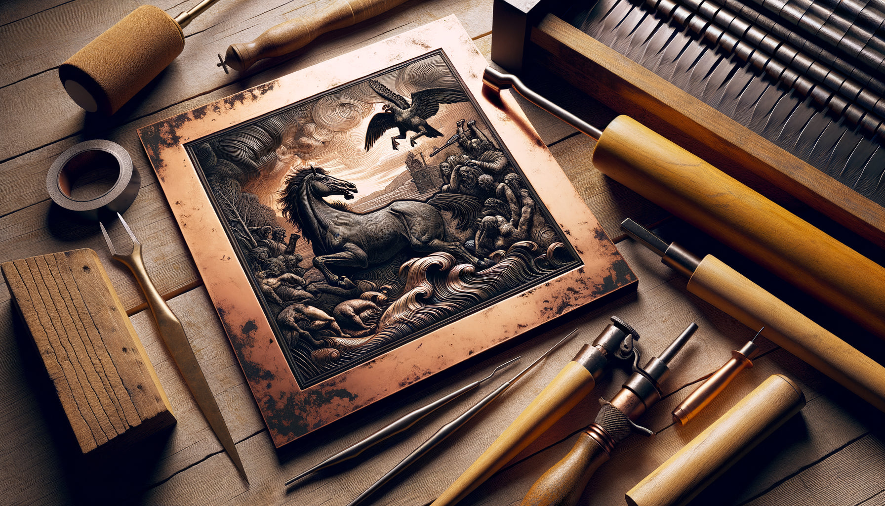 Planche de gravure à l'eau-forte style Goya Desastres de la Guerra, outils de gravure, contrastes noir et blanc dramatiques