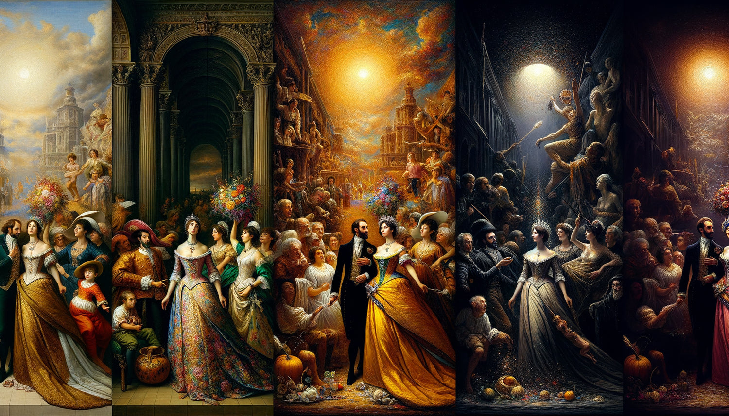 Triptyque illustrant l'évolution artistique de Goya : portrait royal raffiné, scène festive lumineuse et peinture noire dramatique