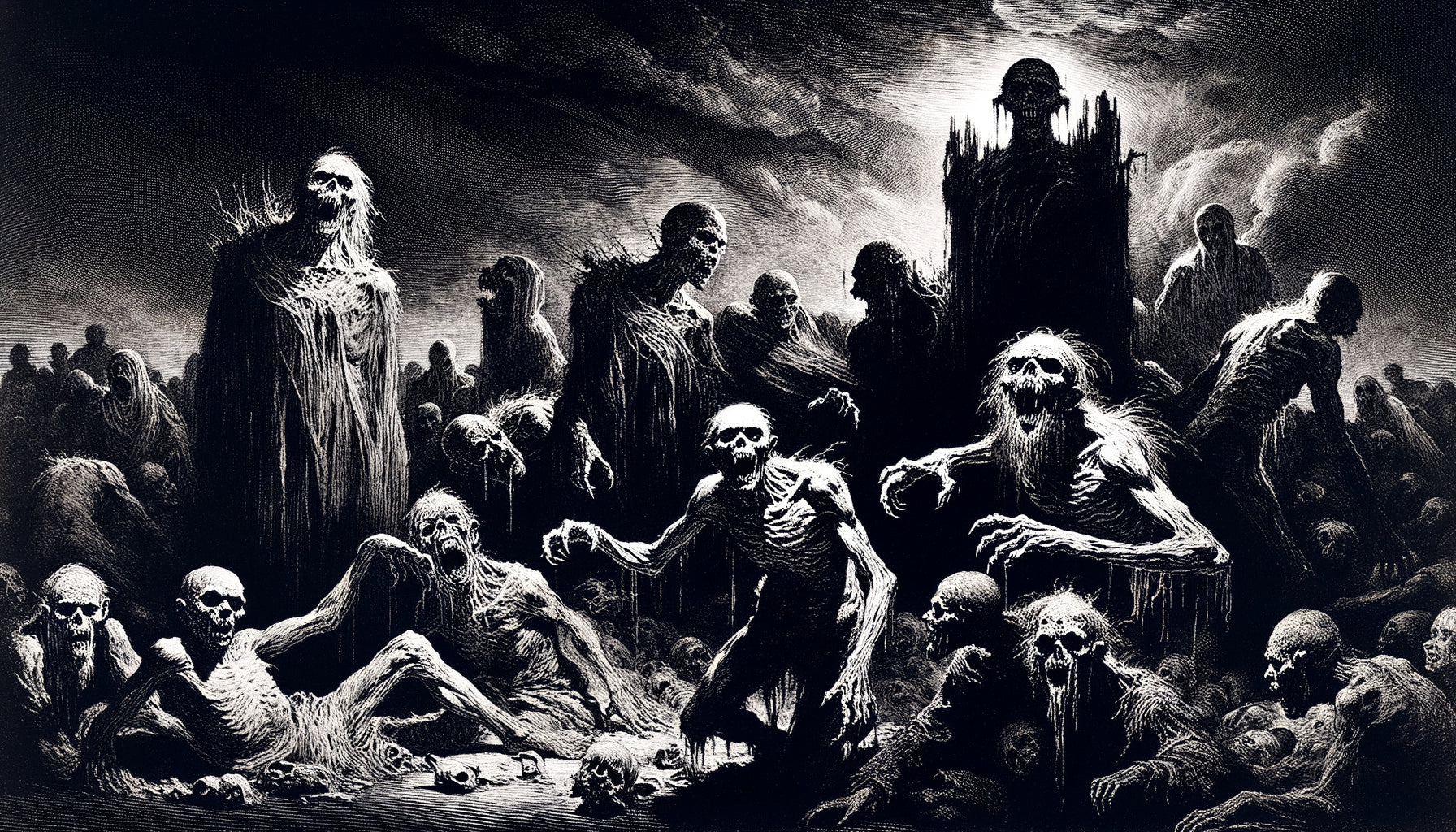 Gravure en noir et blanc radical de Goya, contraste brutal entre ombres absolues et lumière crue, style aquatinte terrifiante fin 18ème siècle