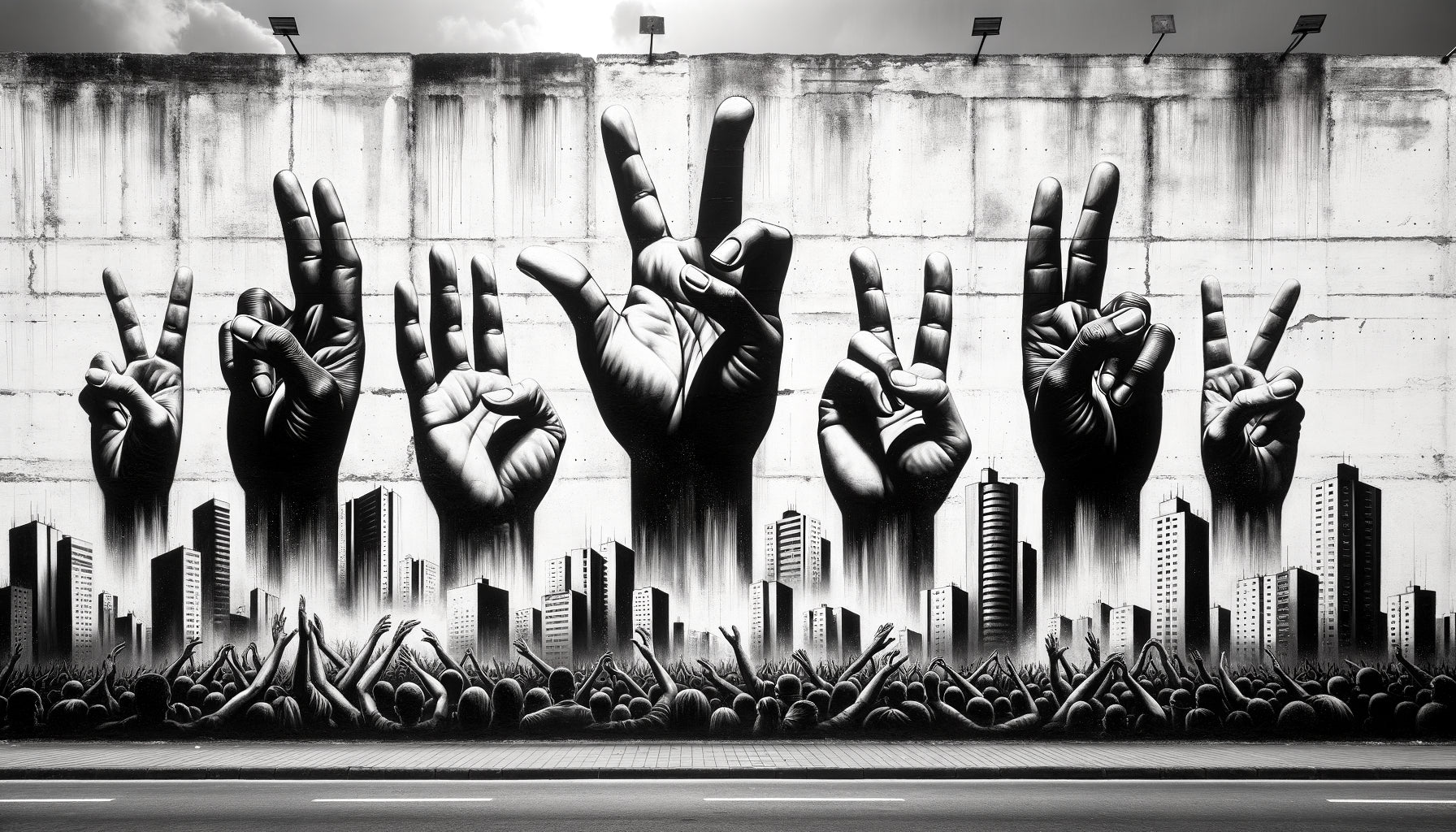 Graffiti monochrome noir et blanc sur mur de Medellín représentant des figures symboliques de réconciliation post-conflit colombien